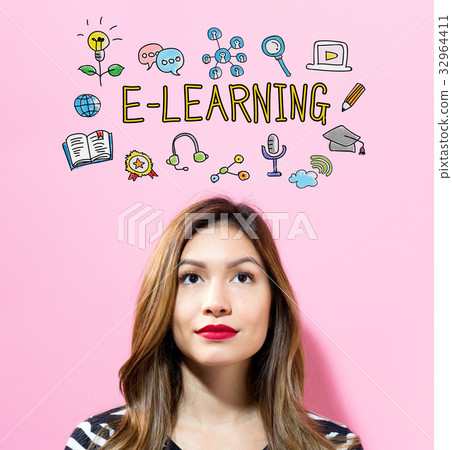 E-Learning text with young woman E-Learning text with young woman 32964411