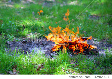 Bonfire on grass. Bonfire on grass. 32964697