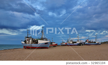Evening at Thorup Beach, Denmark. Fishing boats. 32965104