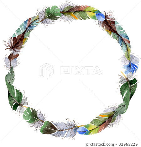 Watercolor bird feather wreath from wing. Watercolor bird feather wreath from wing. 32965229