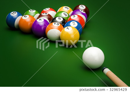 Billiard balls with cue, 3D rendering 32965429