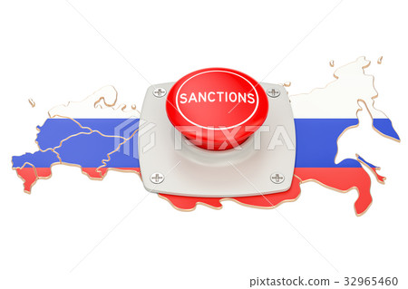 Sanctions button on map of Russia, 3D rendering 32965460