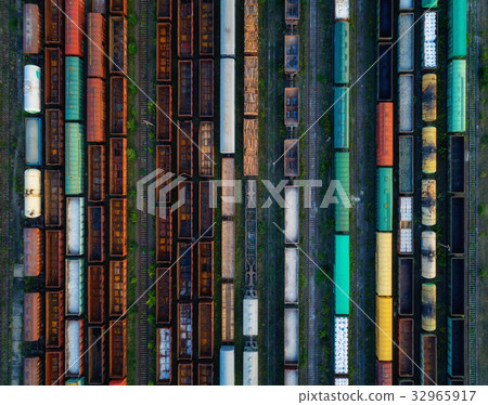Aerial view of colorful freight trains 32965917