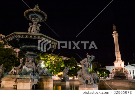 Portugal, Lisbon, Rossio Square by night with Portugal, Lisbon, Rossio Square by night with 32965978