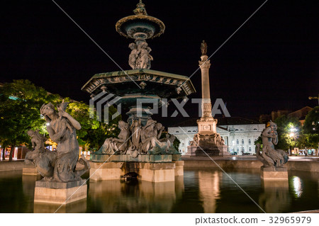 Portugal, Lisbon, Rossio Square by night with 32965979