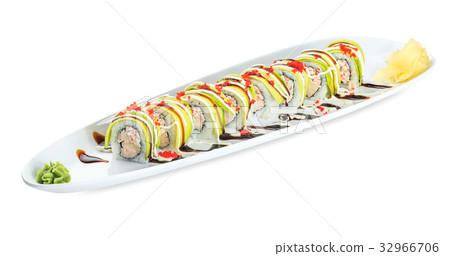 Sushi Avocado crunch maki plate isolated on white Sushi Avocado crunch maki plate isolated on white 32966706