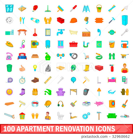 100 apartment renovation icons set, cartoon style 100 apartment renovation icons set, cartoon style 32968662