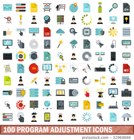100 program adjustment icons set, flat style 32968666