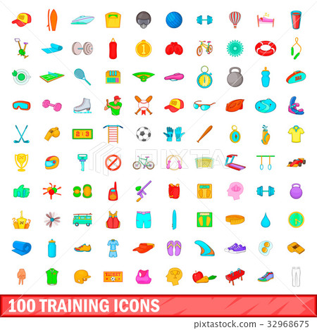 100 training icons set, cartoon style 32968675