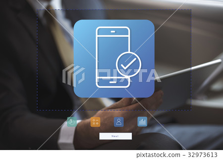 Man working on network graphic digital device 32973613