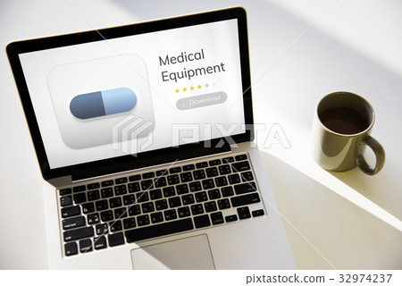 Network connection graphic overlay background on laptop screen 32974237