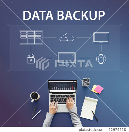 Hands working on laptop cloud network graphic overlay Hands working on laptop cloud network graphic overlay 32974238