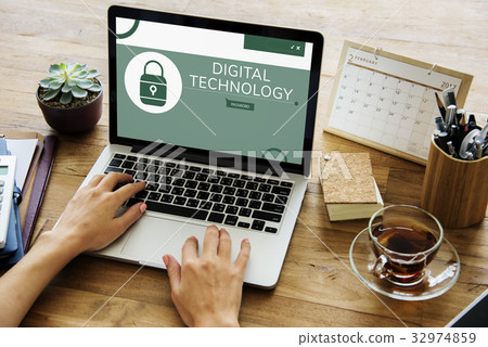 Illustration of computer security system on laptop Illustration of computer security system on laptop 32974859