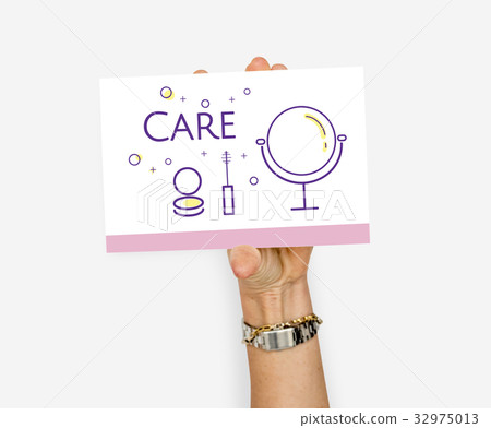 Hand holding illustration of beauty cosmetics makeover skincare banner 32975013