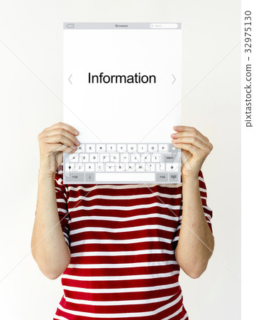 Hands holding network graphic overlay billboard covering face Hands holding network graphic overlay billboard covering face 32975130