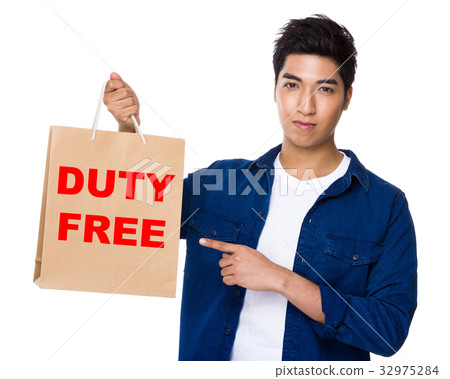 Asian mixed Indian man finger point to shopping bag for showing phrase of duty free 32975284