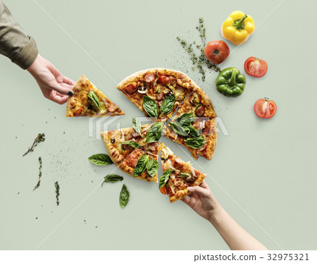Hands taking slices of italian cuisine pizza Hands taking slices of italian cuisine pizza 32975321