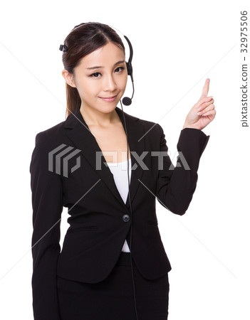 Customer services officer with finger point up Customer services officer with finger point up 32975506