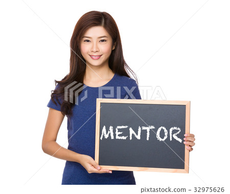 Asian woman with blackboard showing a word of mentor 32975626