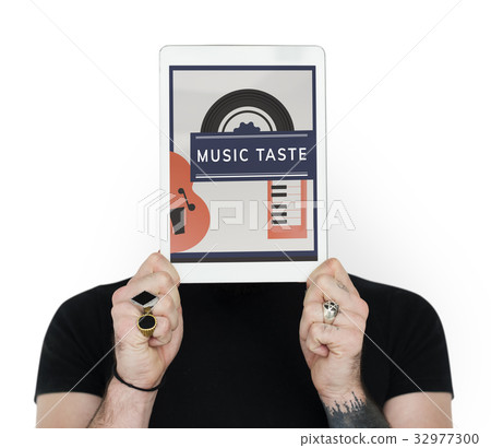 Man holding digital device covering face network graphic Man holding digital device covering face network graphic 32977300