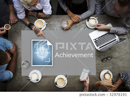 Workers working on billboard on table network graphic overlay 32978191