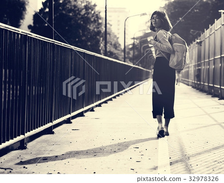 Girl Walking Around Greyscale View 32978326