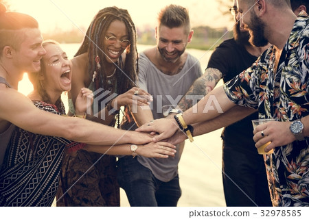 Group of Friends and Beers Enjoying Music Festival together Group of Friends and Beers Enjoying Music Festival together 32978585