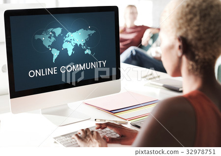 People connected to global communication online community by computer 32978751