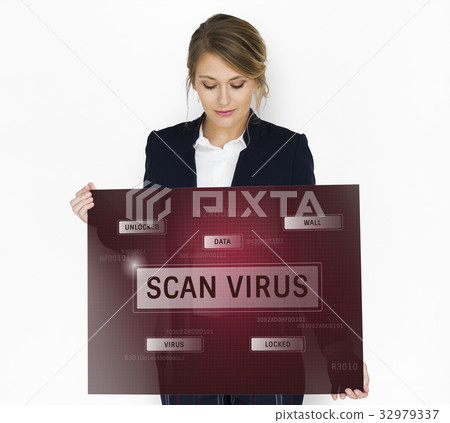 Woman holding network graphic overlay banner 32979337
