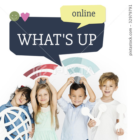 Children holding banner network graphic overlay background 32979791