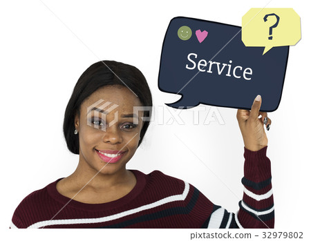 Woman holding speech bubble about customer service concept Woman holding speech bubble about customer service concept 32979802