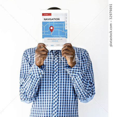 Man holding network graphic overlay digital device covering face Man holding network graphic overlay digital device covering face 32979891