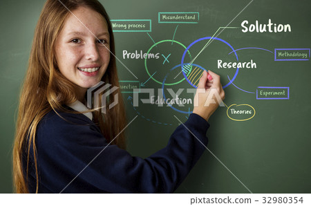 Young girl working on white board network graphic overlay 32980354