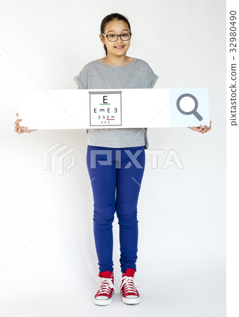 Young girl holding banner network graphic overlay Young girl holding banner network graphic overlay 32980490