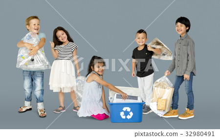 Diverse Group Of Kids Recycling Garbage Diverse Group Of Kids Recycling Garbage 32980491