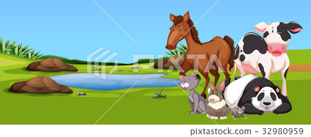 Many animals by the pond - Stock Illustration [32980959] - PIXTA