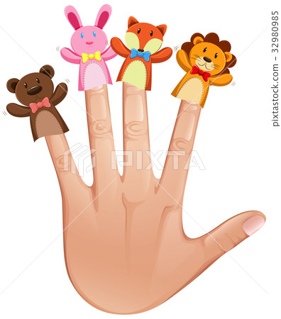 Animal finger puppets on human hand 32980985