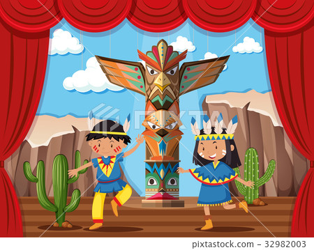 Two kids playing native indian on stage 32982003