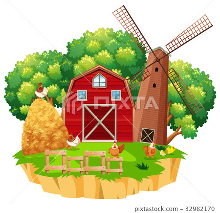 Farm scene with red barn and wooden windmill - Stock Illustration ...