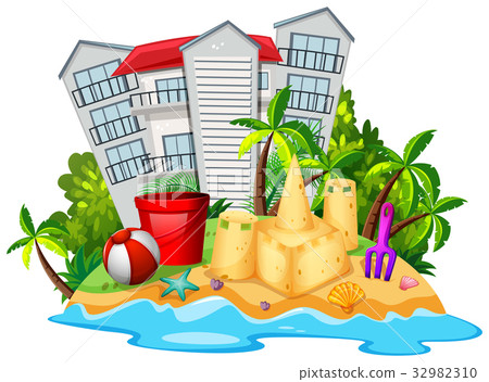 Summer theme with sandcastle on beach Summer theme with sandcastle on beach 32982310