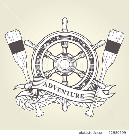 Vintage steering wheel and oars - nautical emblem 32986509