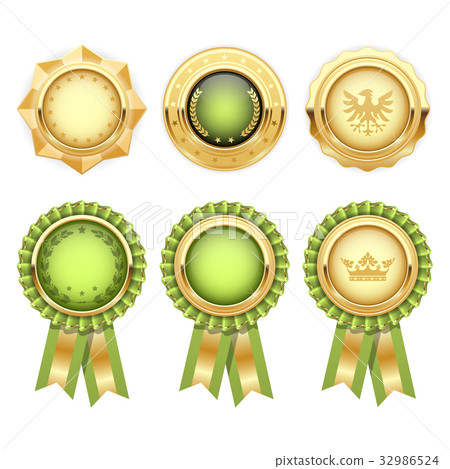 Green award rosettes with gold heraldic medal  32986524