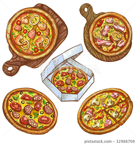 Set of vector illustrations whole pizza and slice Set of vector illustrations whole pizza and slice 32988709