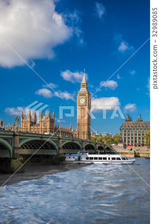 Big Ben with boat in London, England, UK 32989085