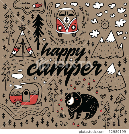 Happy camper vector hand drawn card. Cartoon Happy camper vector hand drawn card. Cartoon 32989199