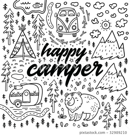 Happy camper vector hand drawn card. Cartoon 32989210