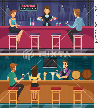 Cocktail Bar Cartoon Horizontal Banners Cocktail Bar Cartoon Horizontal Banners 32989453