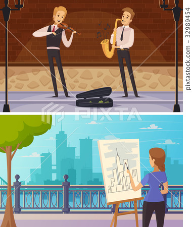Street Artists Cartoon Horizontal Banners Street Artists Cartoon Horizontal Banners 32989454