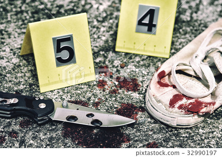 Crime scene investigation, Bloody knife. 32990197