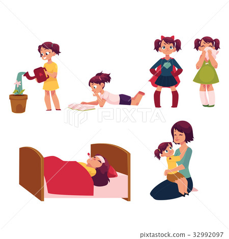 Daily routine set, little girl helping mother 32992097